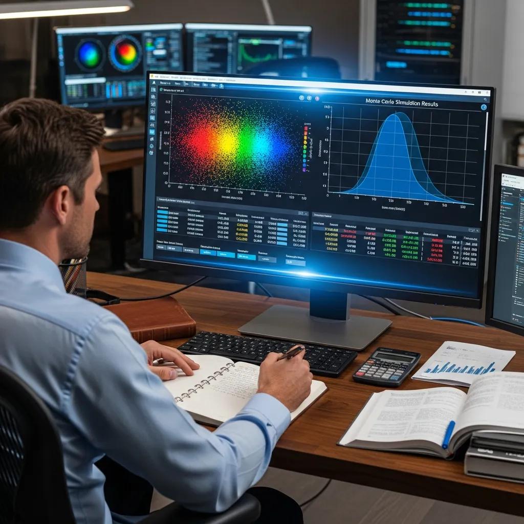 Analyst reviewing Monte Carlo simulation output on a laptop