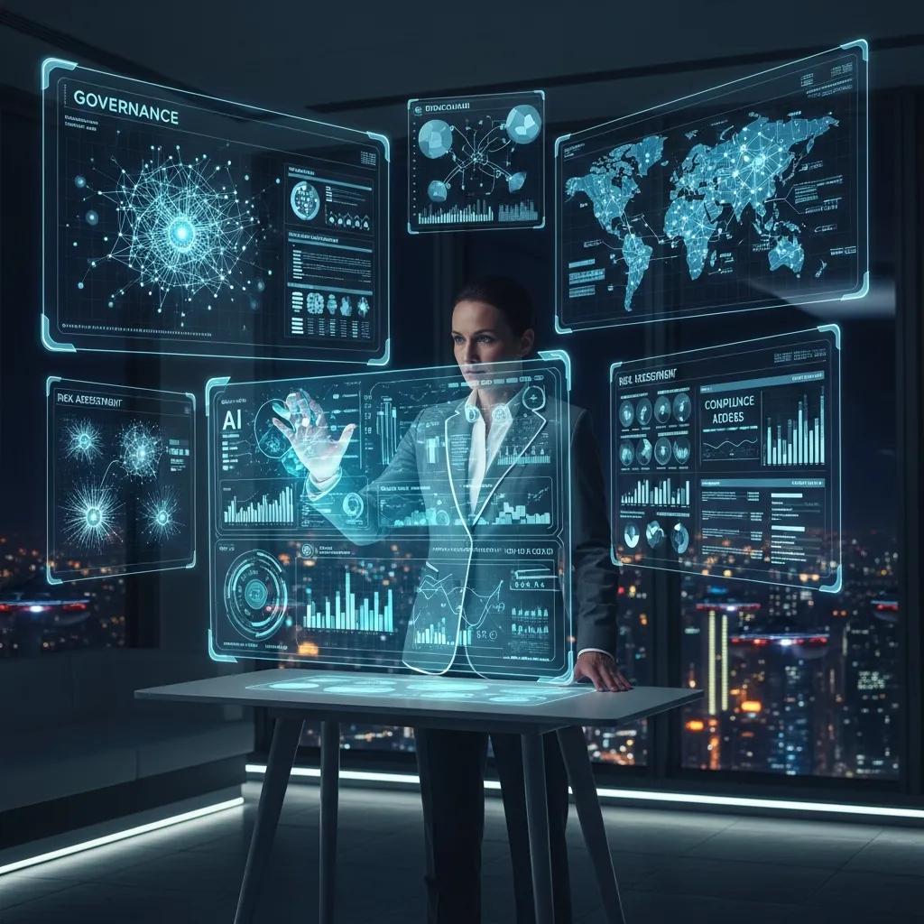 A business leader reviewing AI analytics on a digital dashboard with data overlays