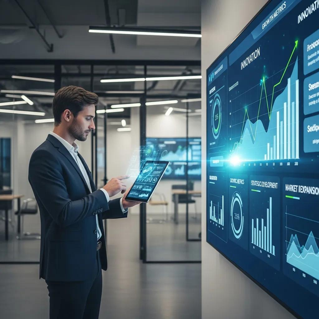Business professional analysing data and metrics to drive innovation and growth.