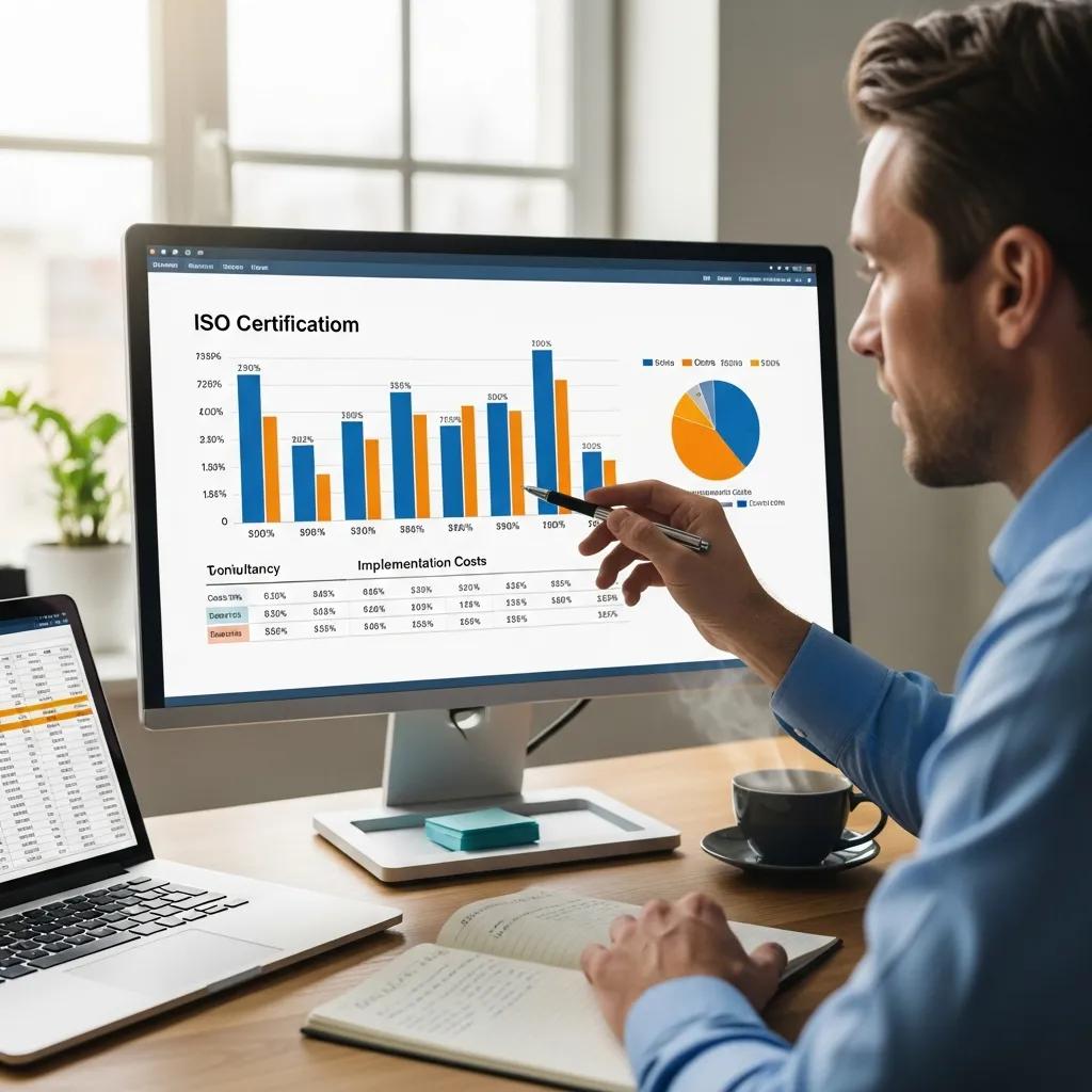 Person reviewing an ISO certification cost breakdown at a desk