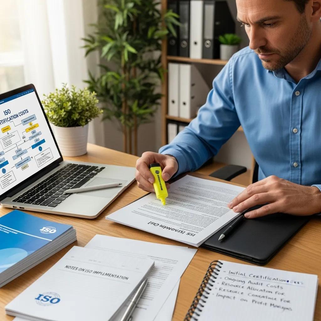 Professional reviewing ISO standard documents at a desk