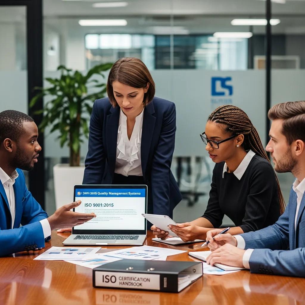 Business professionals collaborating on ISO certification standards in a modern office.