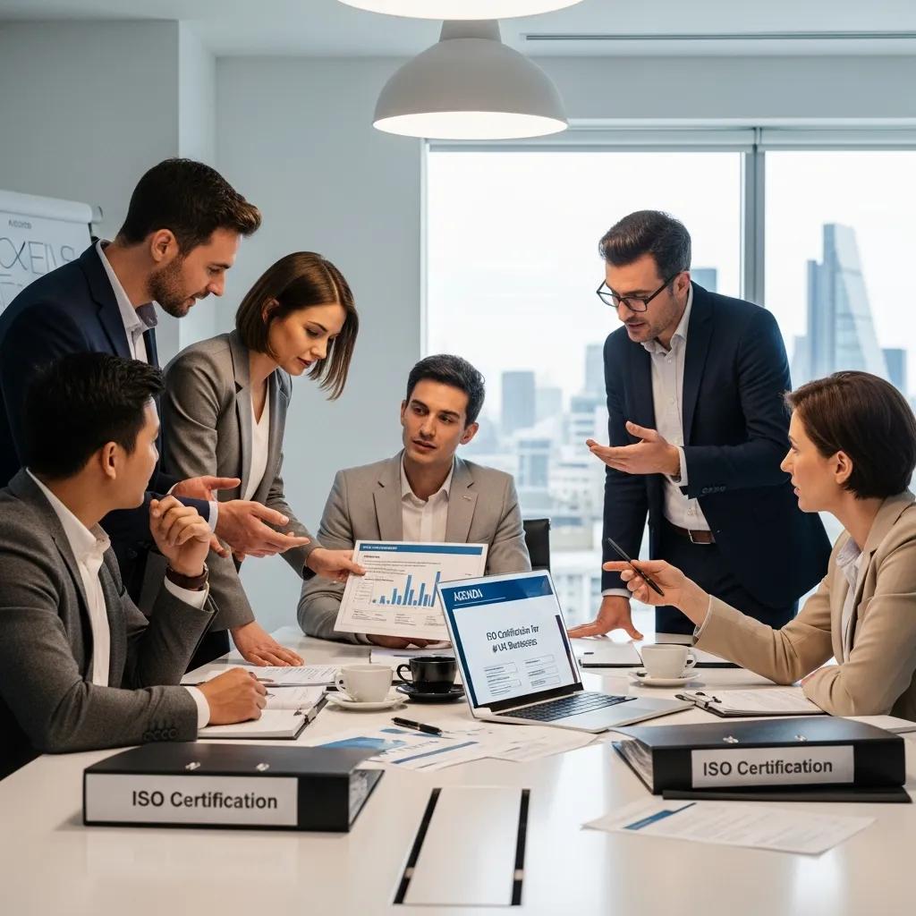 Business professionals collaborating on ISO certification in a modern office