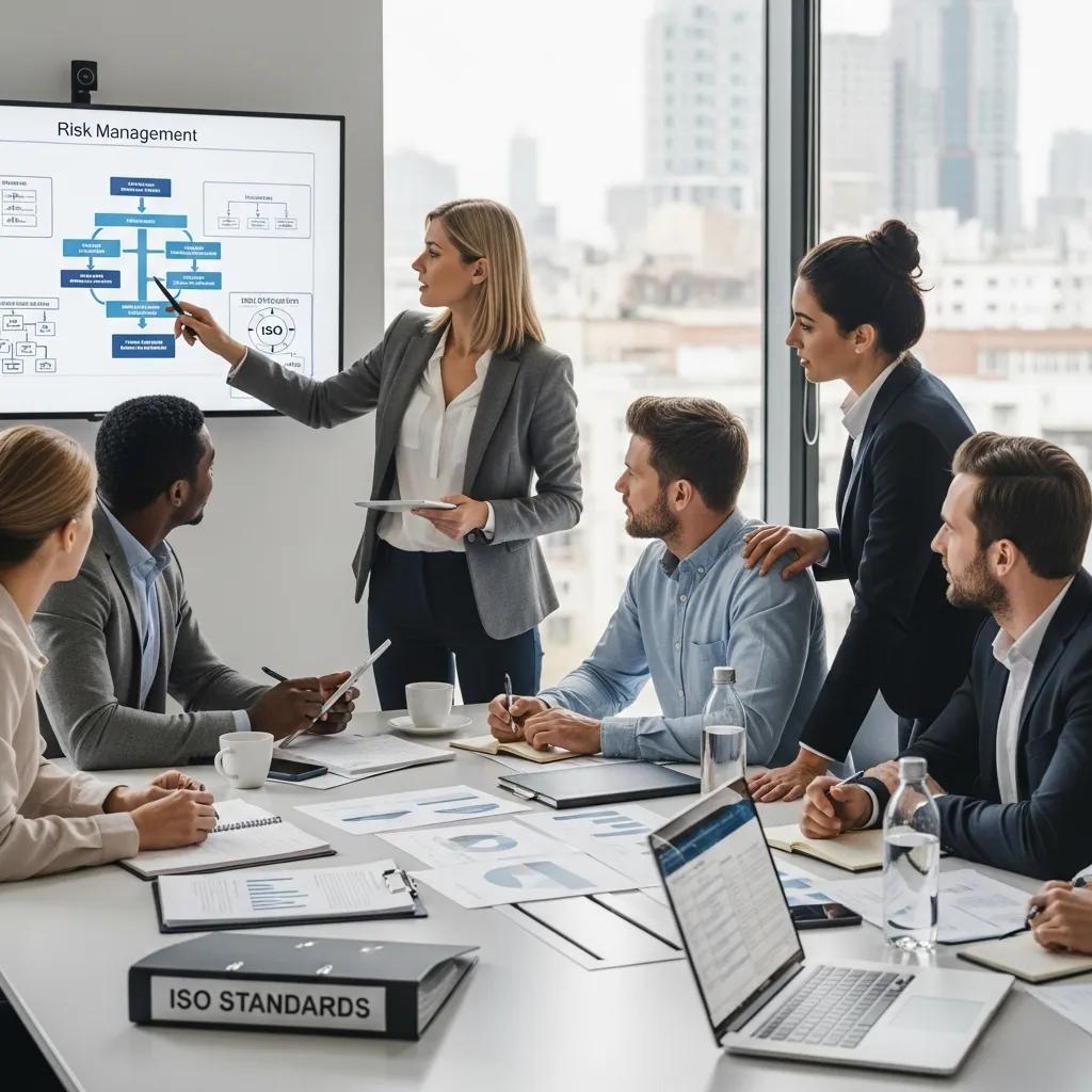 Business professionals collaborating on ISO certification strategies in a modern office