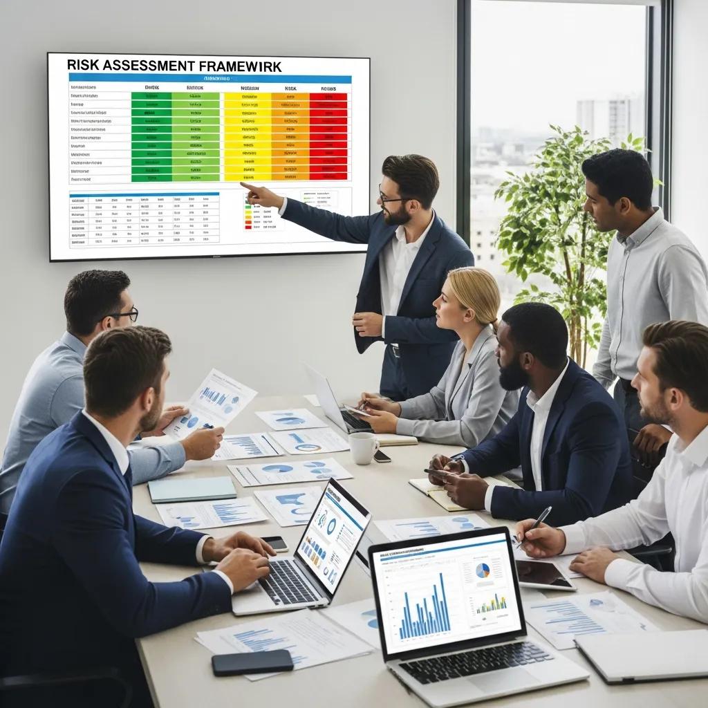 Business professionals collaborating on risk assessment strategies in a modern office setting