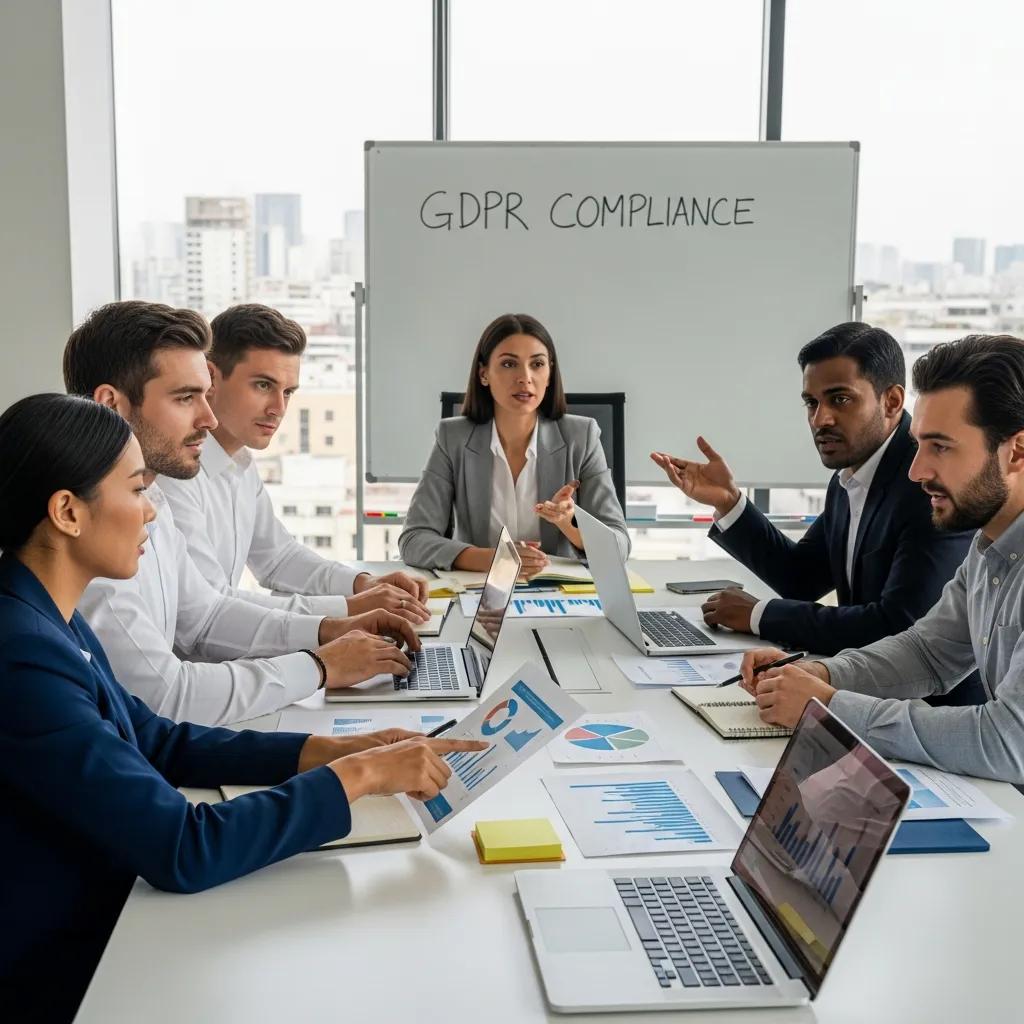 Business professionals collaborating on GDPR compliance strategies in a modern office.