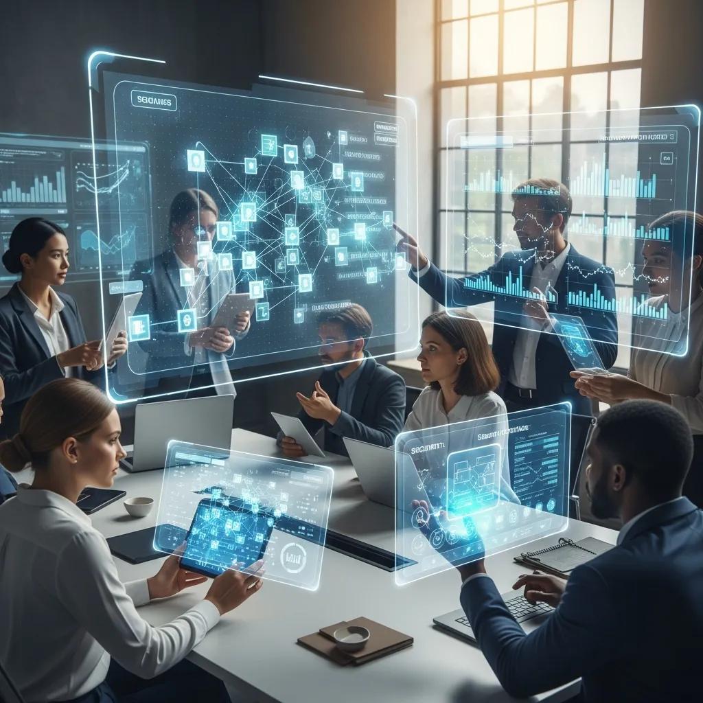 Business professionals collaborating over blockchain technology in a modern office setting