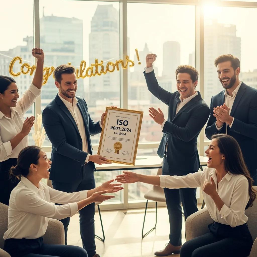 Business team celebrating ISO 9001:2024 certification achievement and benefits of ISO consultant support.