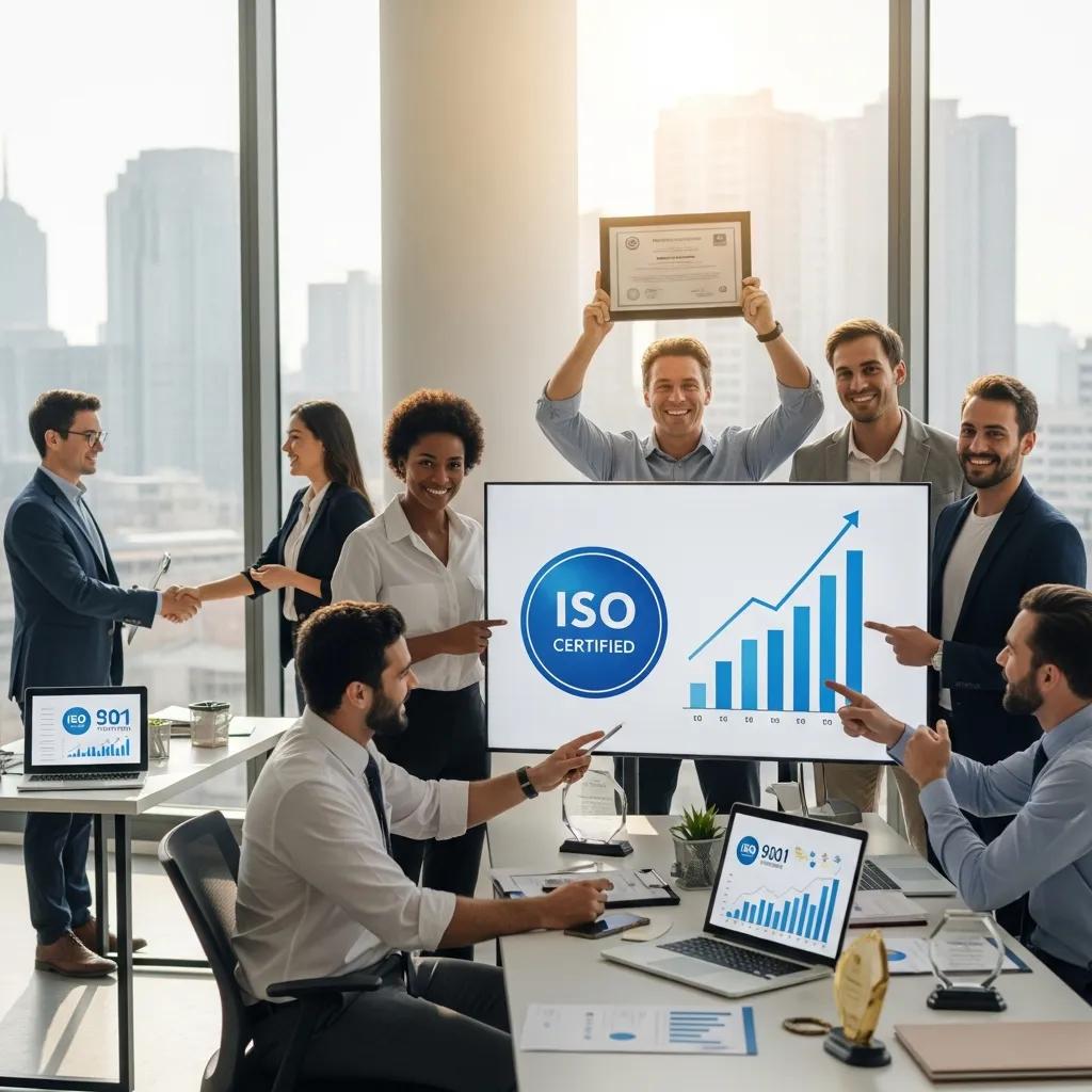 Team celebrating successful ISO certification in a bright office