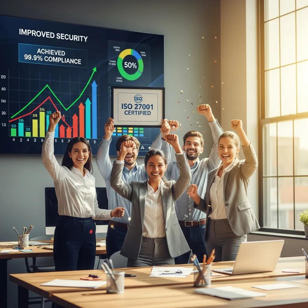 A business team celebrating their ISO 27001 certification together in an office