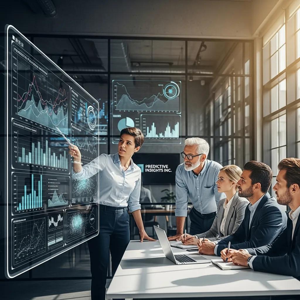 Business team collaborating on predictive analytics and AI governance for ISO 42001 certification.