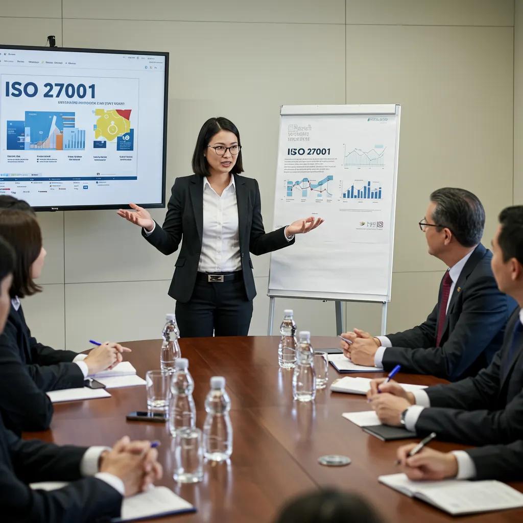 Businesswoman presenting ISO 27001 benefits to government officials in a meeting