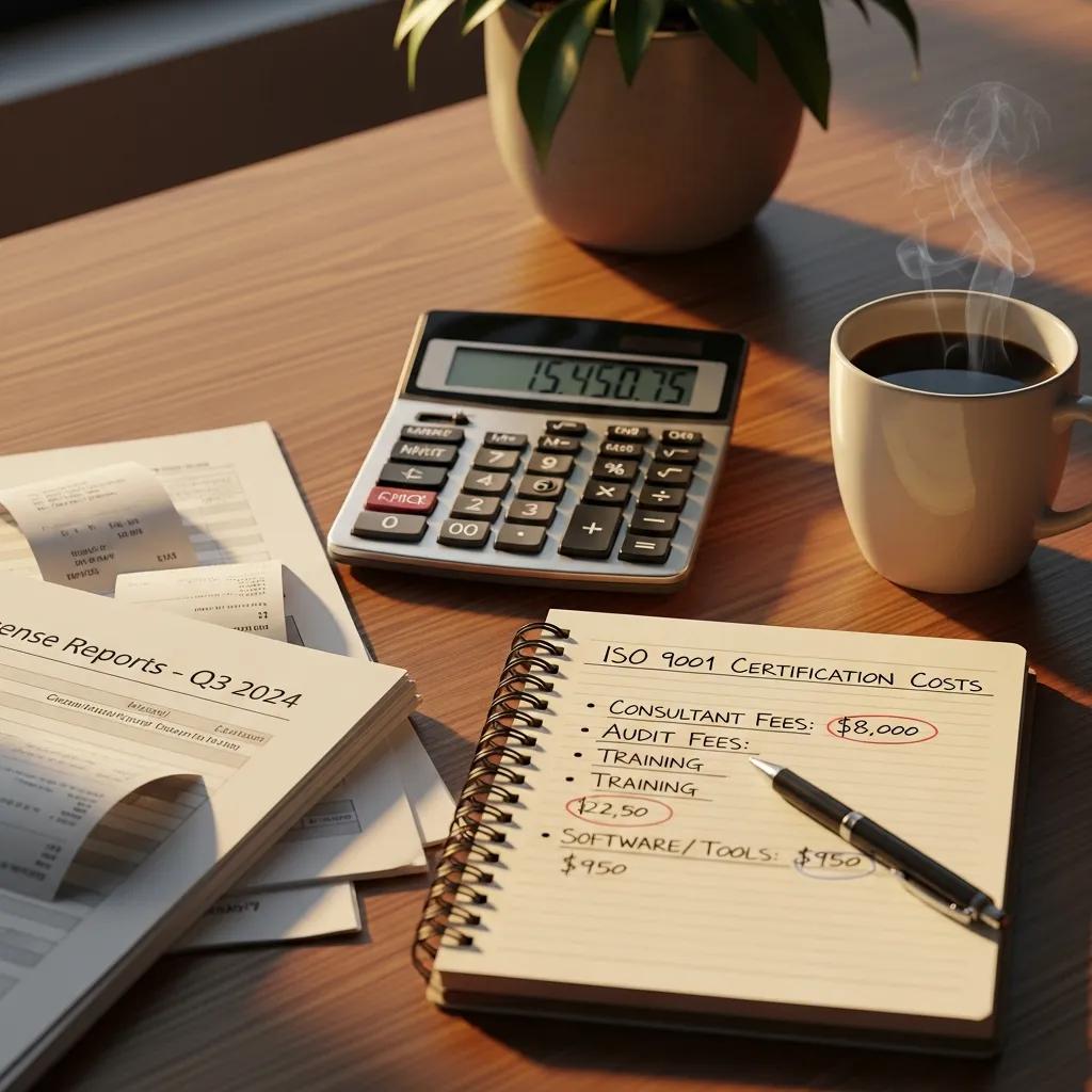 Calculator and financial documents for ISO 9001 certification costs