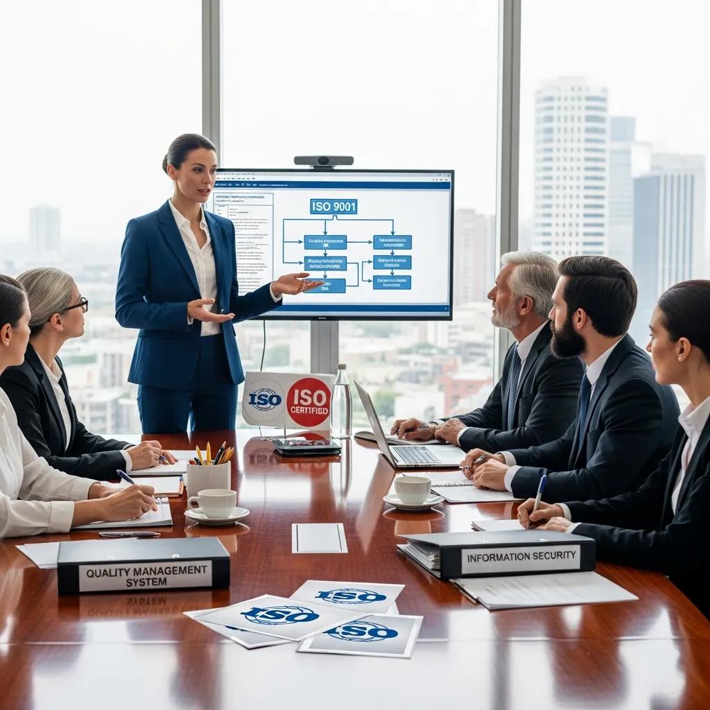 Certification expert briefing business leaders on ISO standards in a meeting