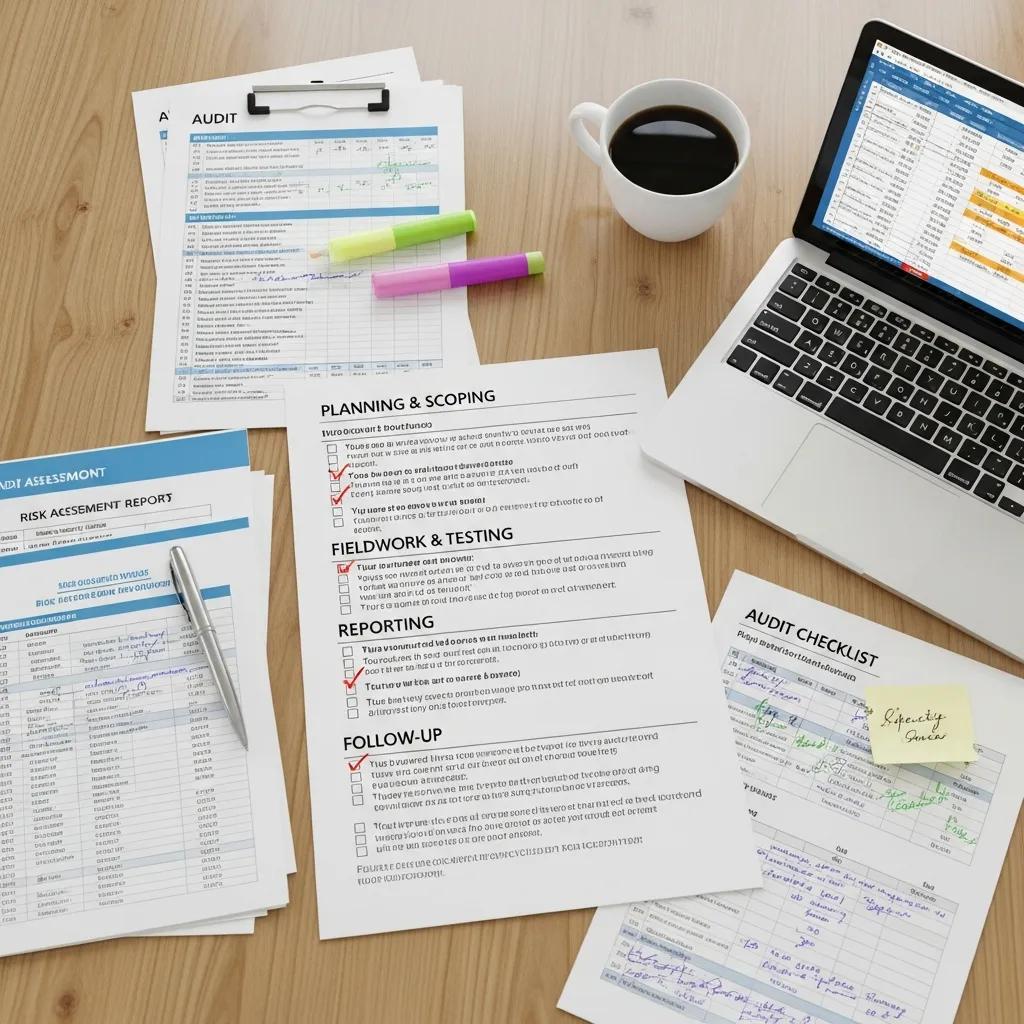 Checklist and audit documents on a conference table illustrating the internal audit process