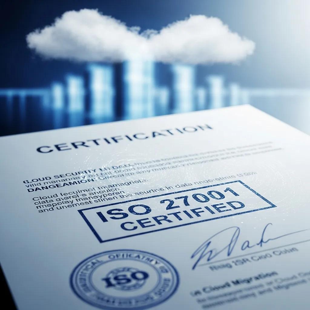 ISO certificate document near a cloud illustration