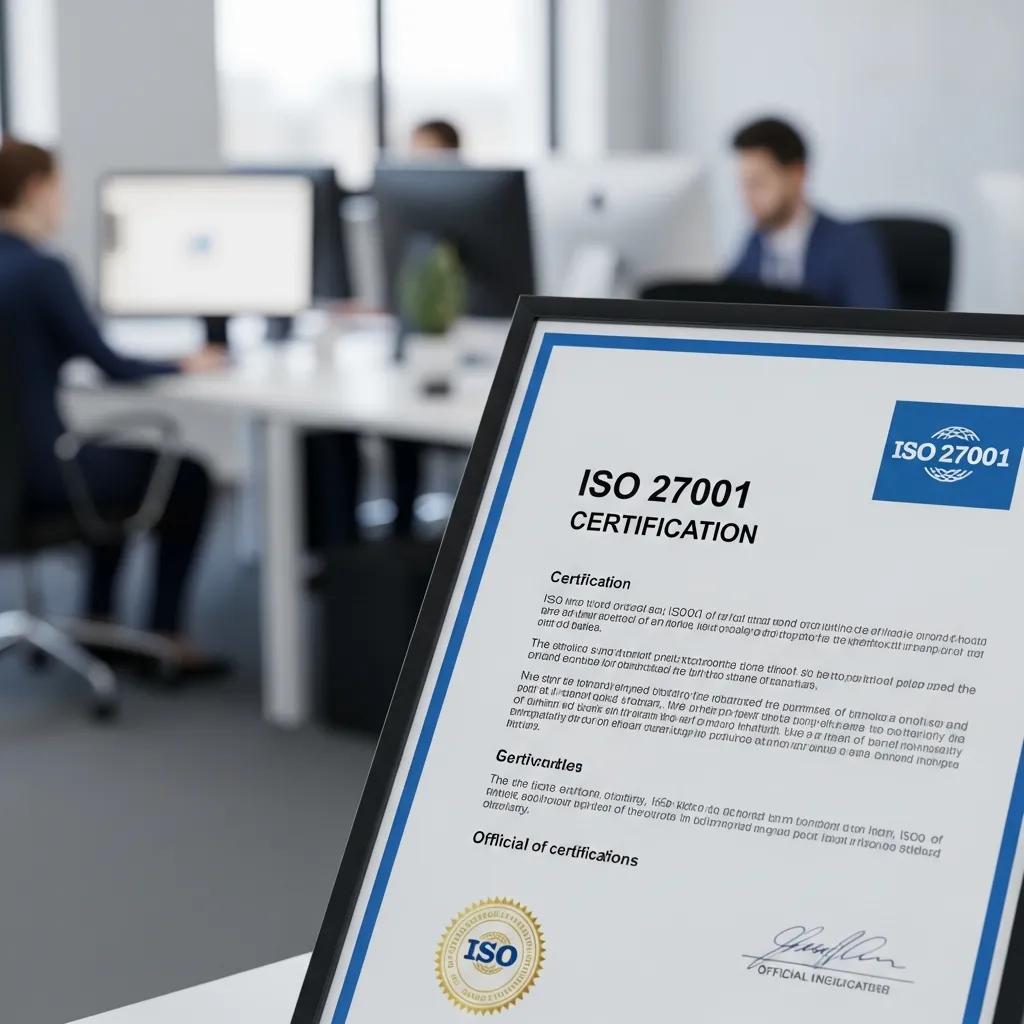 ISO 27001 certificate close-up, representing structured information security