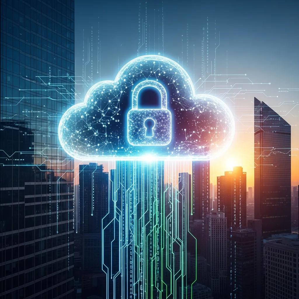 Cloud computing illustration showing a secure lock symbol and data flow