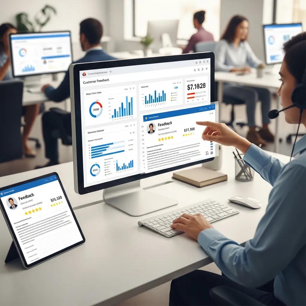 Customer service representative analyzing feedback metrics on a digital dashboard, illustrating ISO 9001's impact on satisfaction
