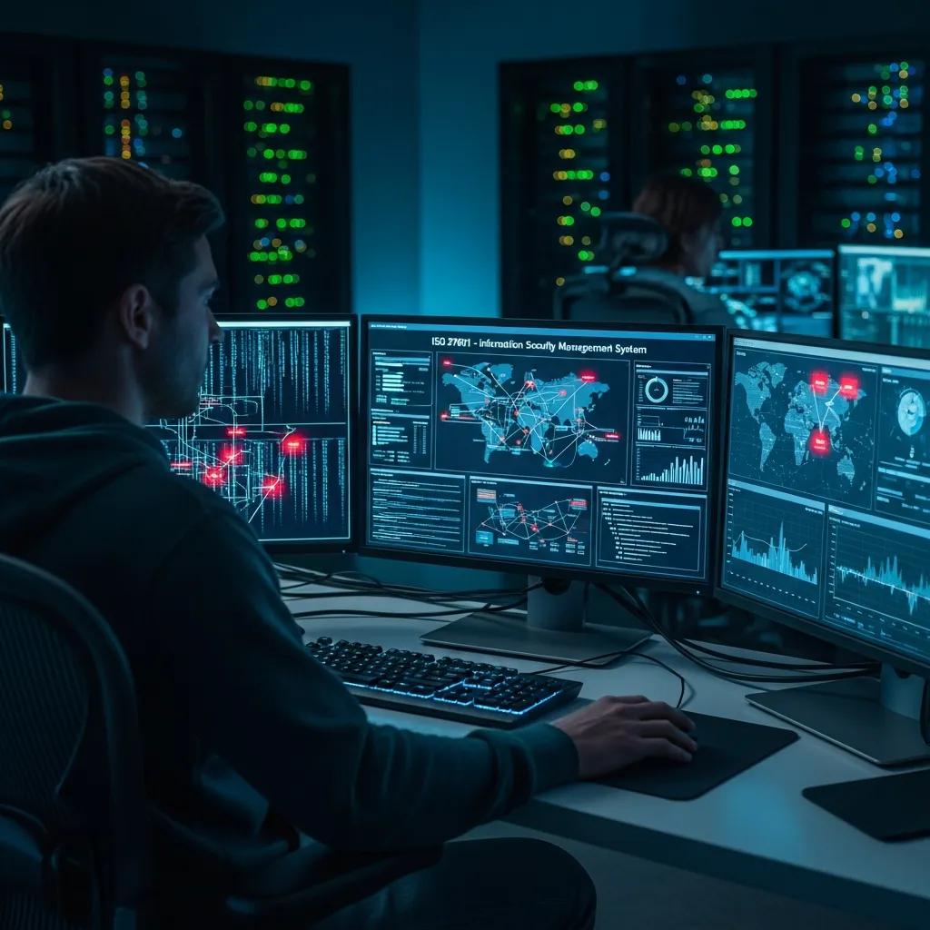 Security analyst reviewing threat data on multiple screens