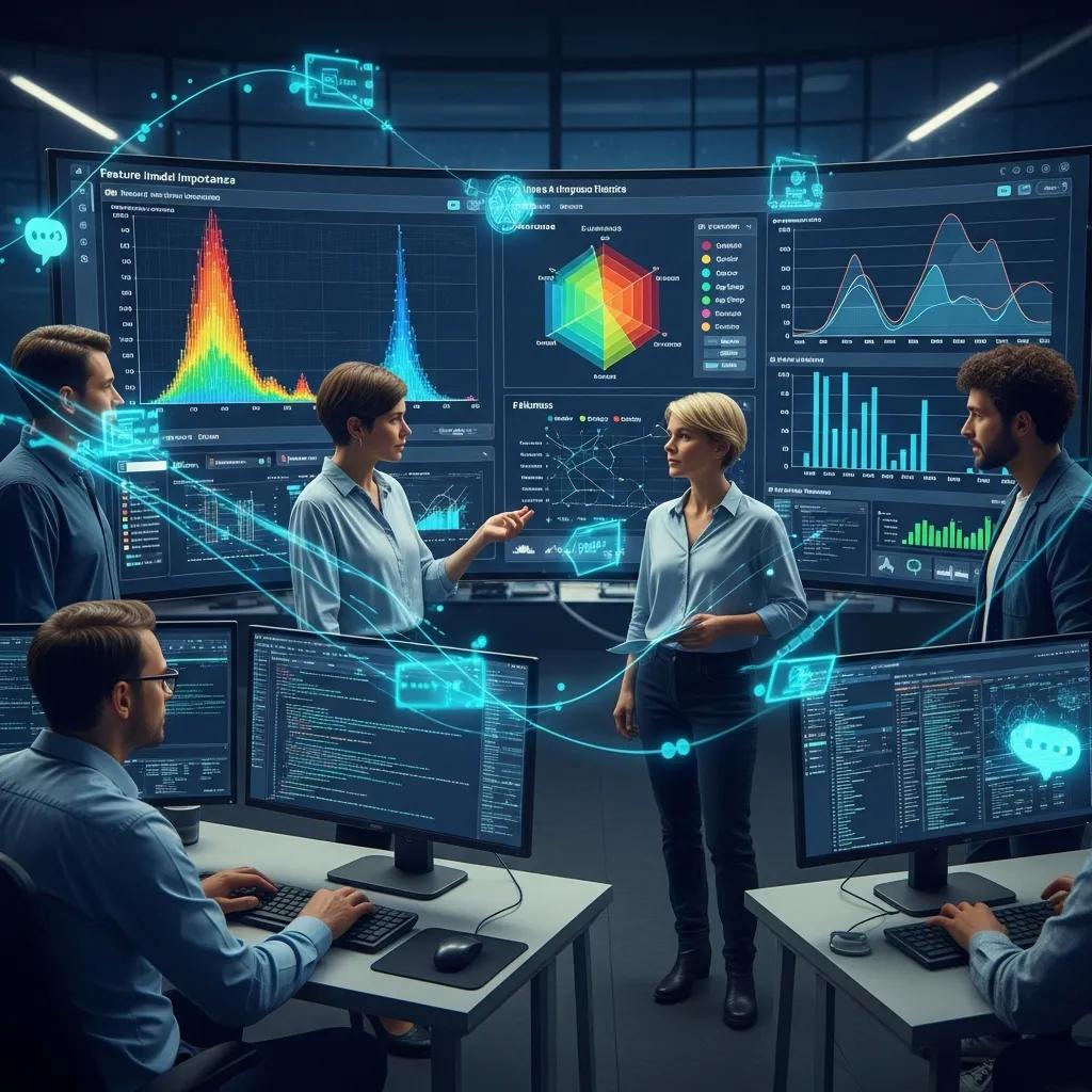 Data scientists reviewing feature‑importance and fairness charts on a governance dashboard