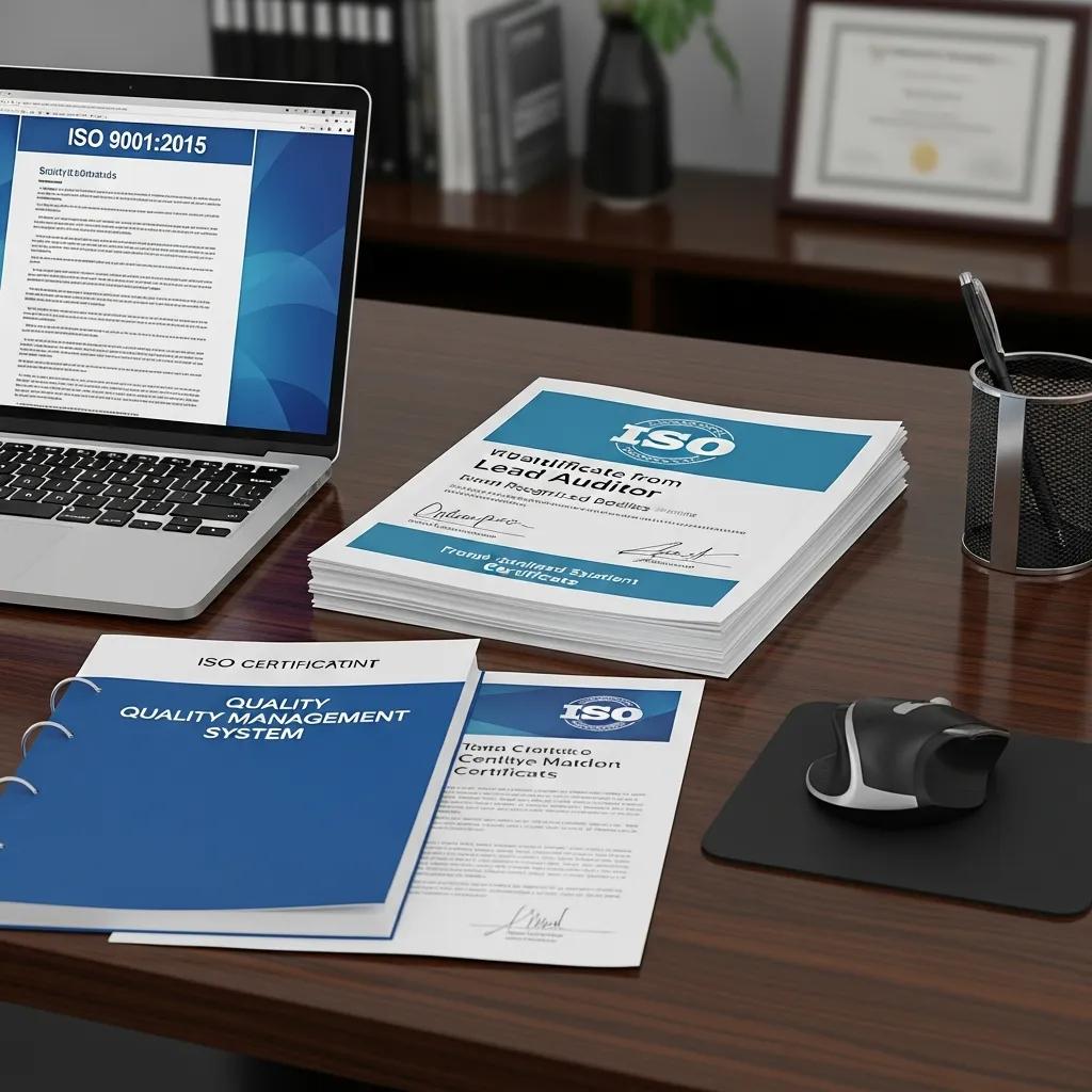 Desk with ISO 9001 certification documents and auditor training certificates demonstrating qualifications for ISO consulting.