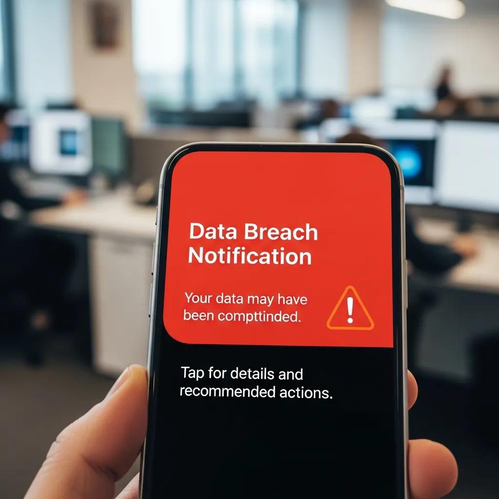 Smartphone showing a data breach alert in an office