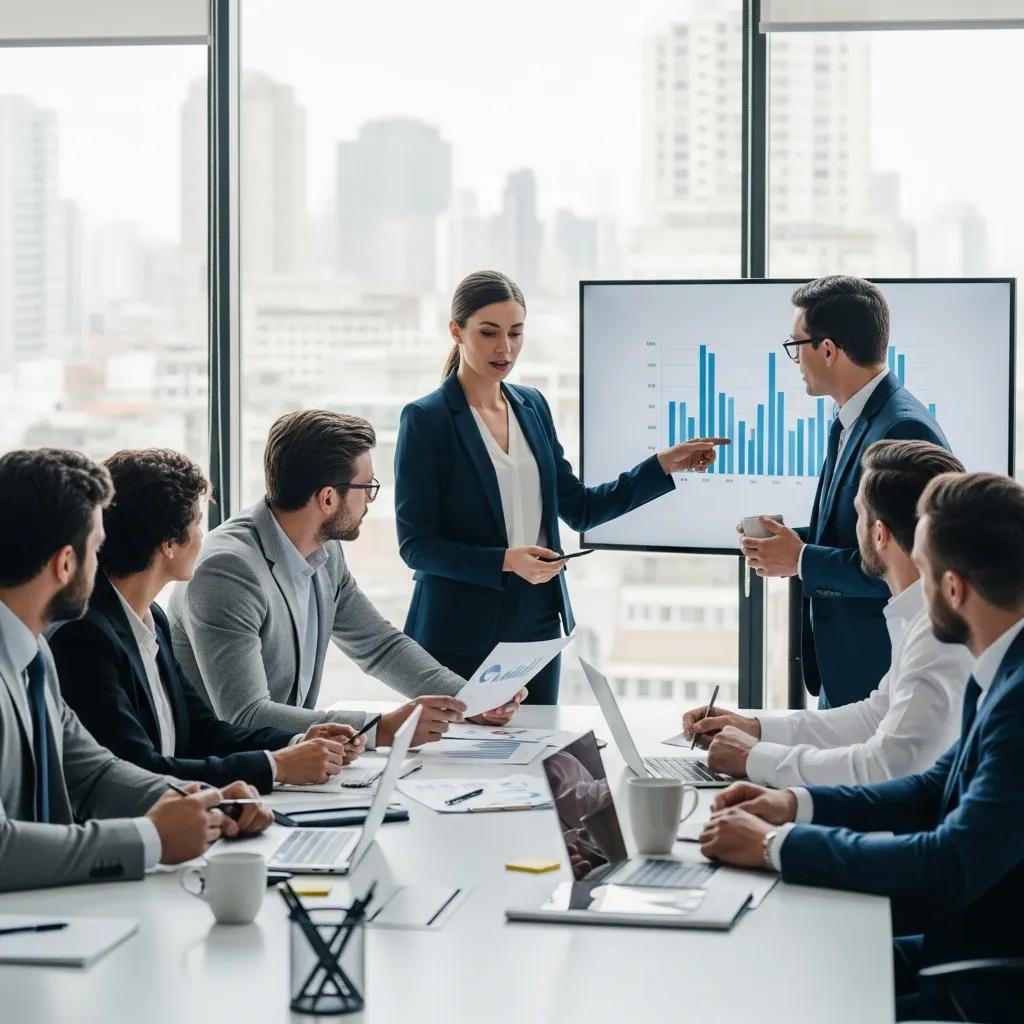 Diverse business leaders collaborating in a modern office, emphasizing teamwork and effective leadership