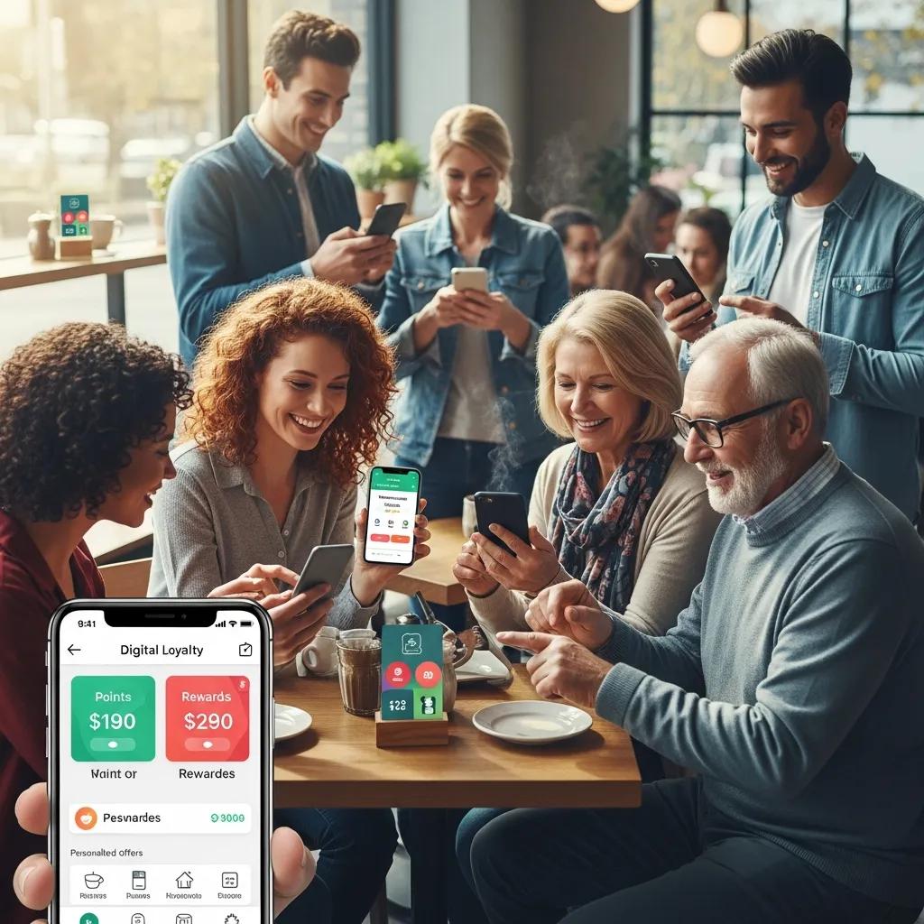Diverse customers happily using a digital loyalty program on smartphones, showcasing trust and satisfaction