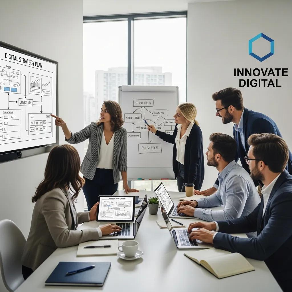 Diverse professionals collaborating on a digital strategy in a modern office