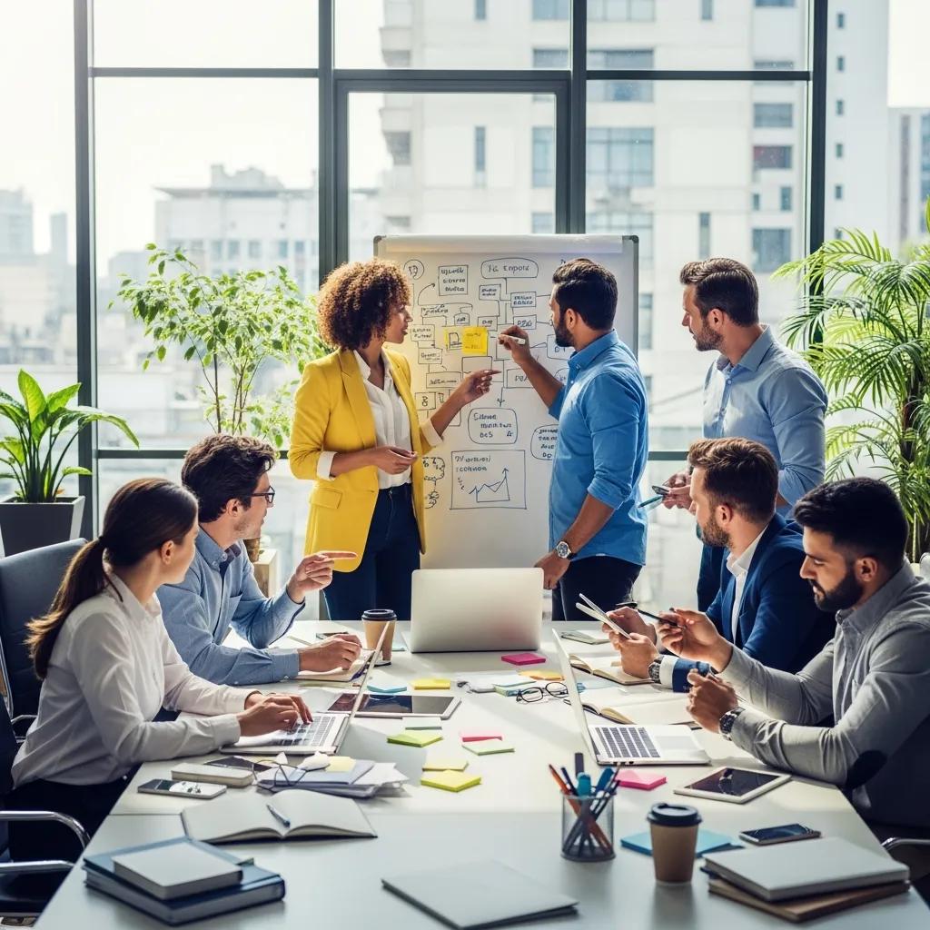 Diverse professionals collaborating on innovation ideas in a modern office
