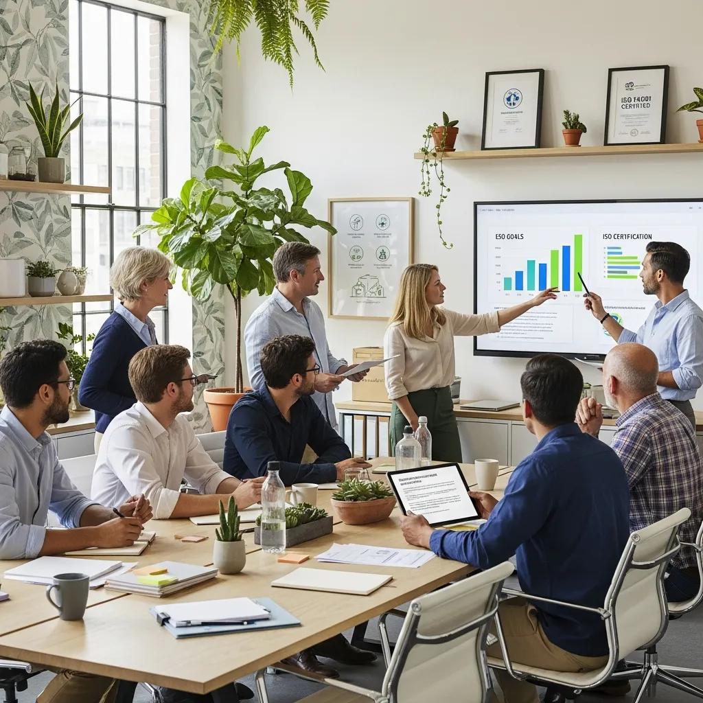 Diverse professionals collaborating on ISO certification and ESG goals in a modern office setting.