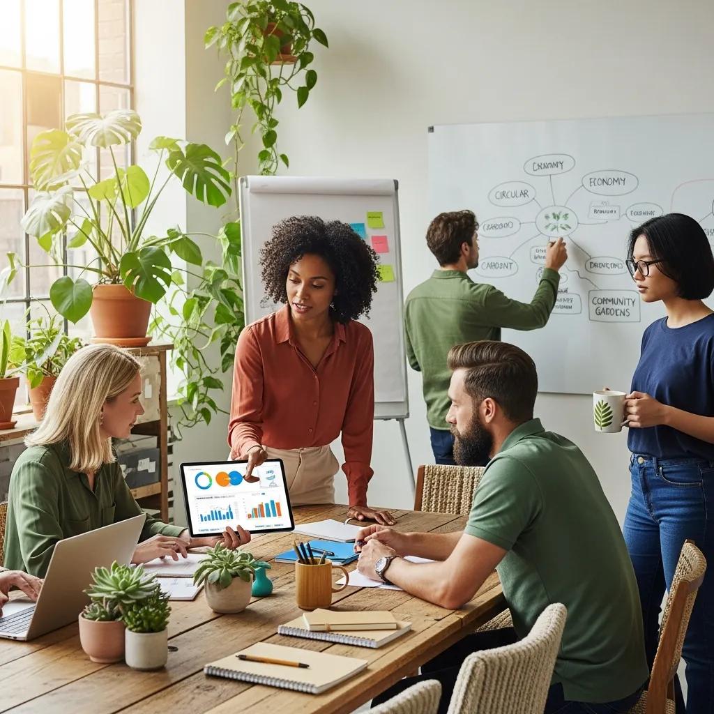 Diverse professionals collaborating on sustainability initiatives in a modern office