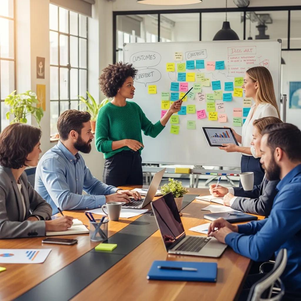 Diverse team discussing customer feedback in a modern office setting