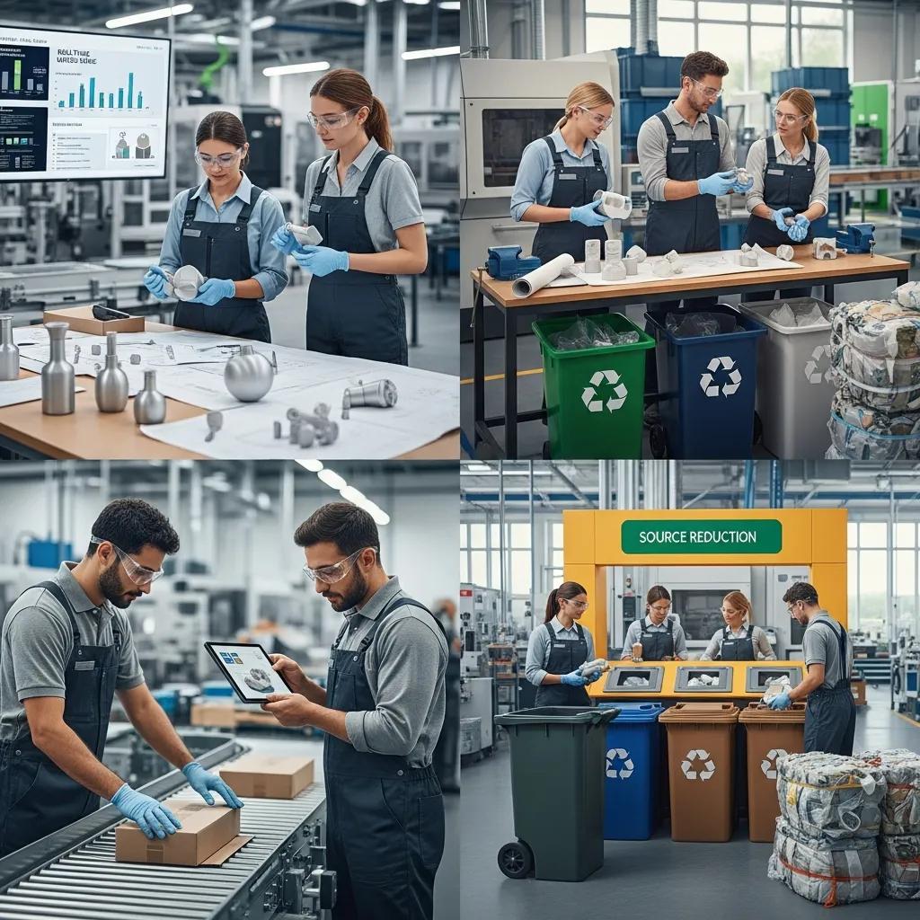 Team members working on waste-reduction measures in a production area, emphasising practical improvements