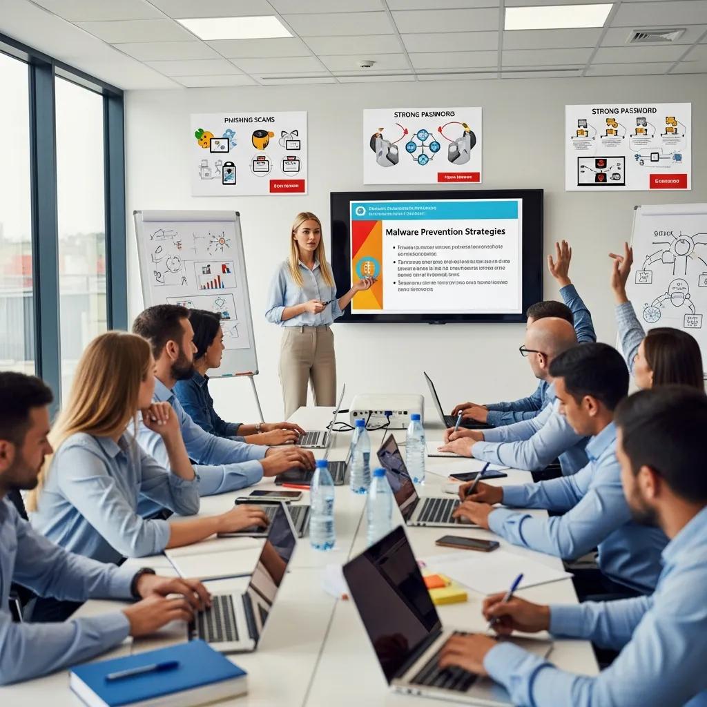 Staff taking part in a cybersecurity training session to reduce malware risk