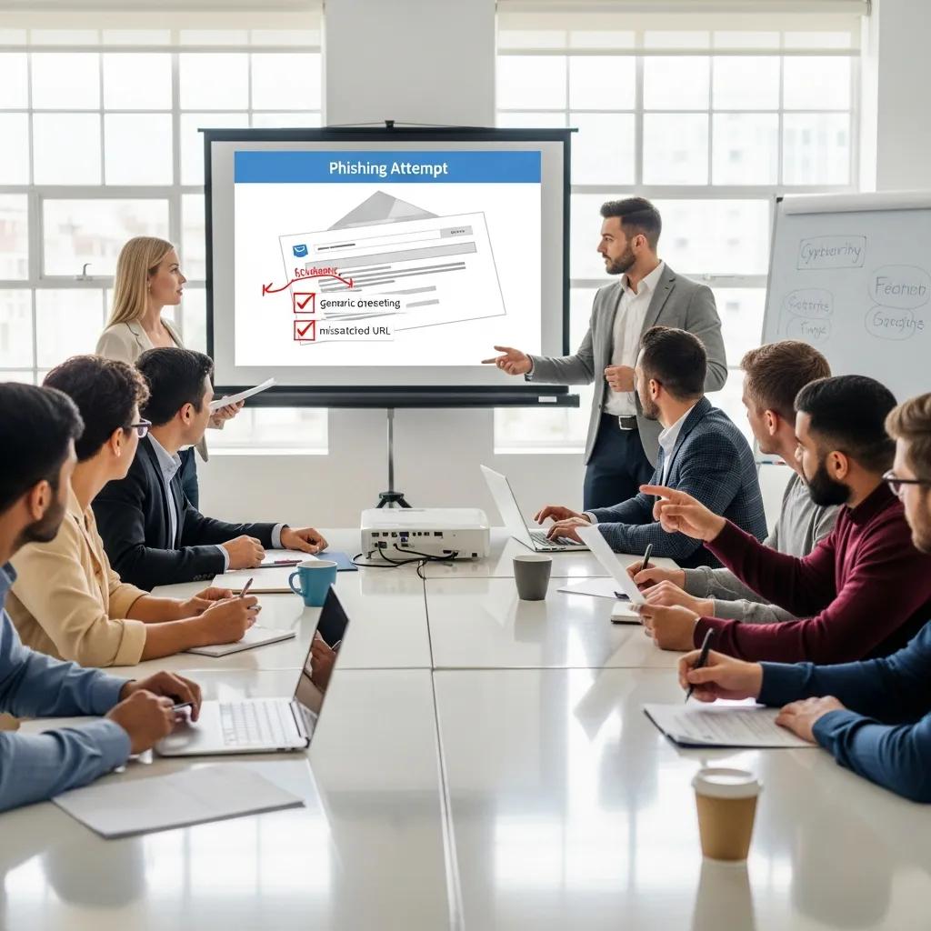 Team attending a practical phishing awareness session in a bright training room