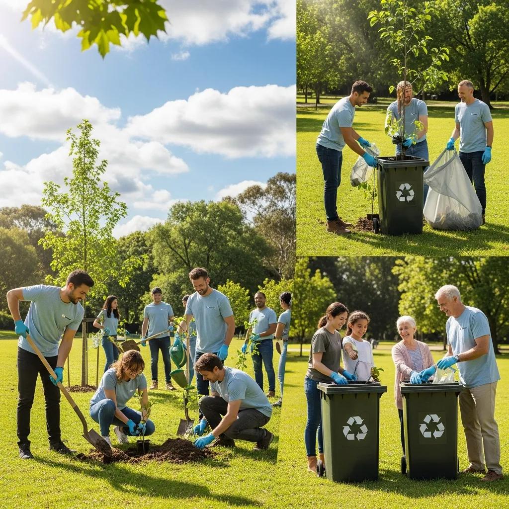Employees volunteering in a community park demonstrating corporate social responsibility, environmental engagement, and ISO standard compliance.
