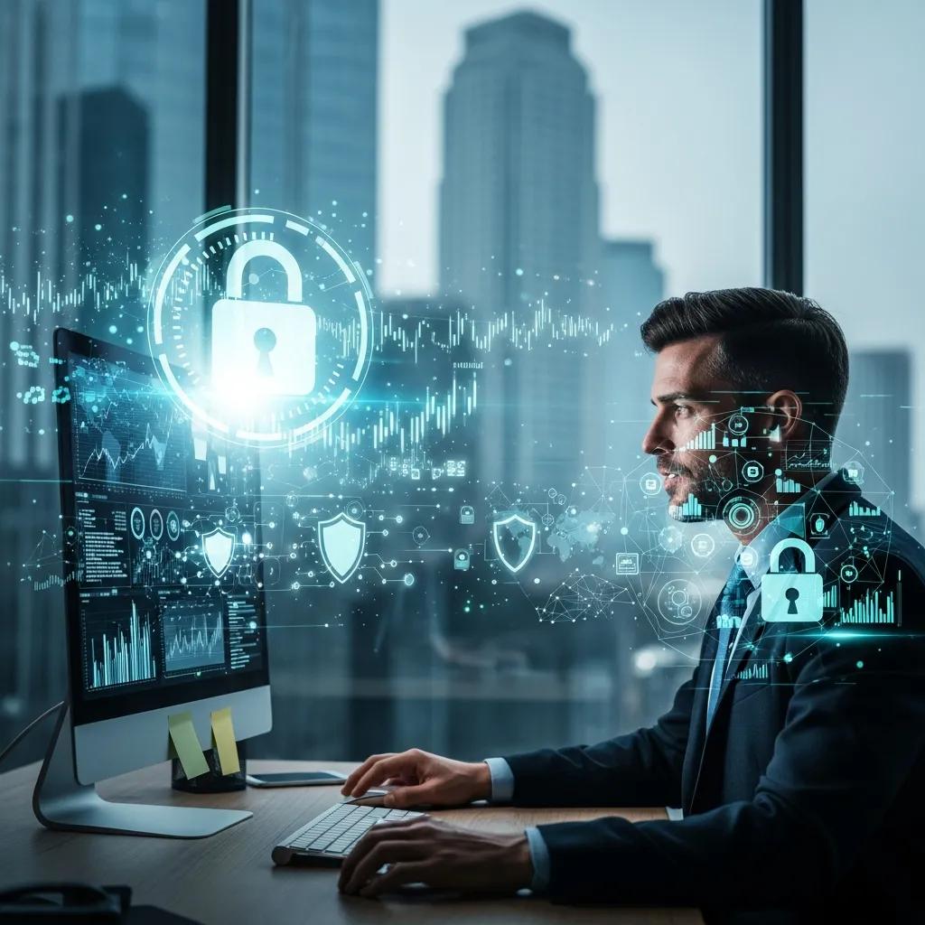 Financial services professional analysing data security measures and ISO 27001 compliance in an office setting.