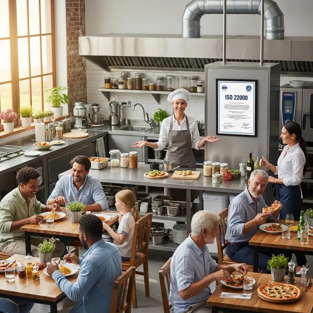 Food business owner celebrating ISO 22000 certification with satisfied customers and staff in a modern kitchen environment.