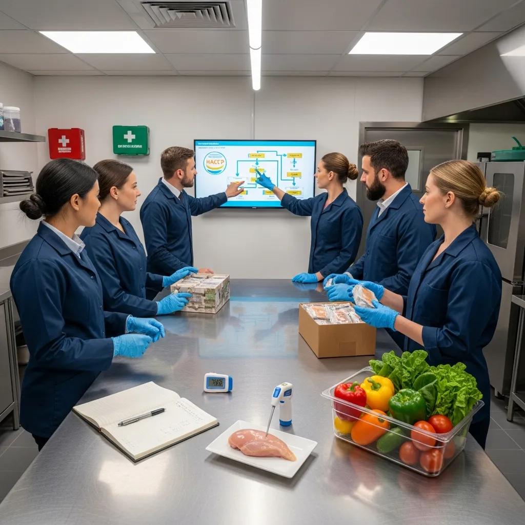 Food safety management team discussing protocols and ISO 22000 certification in a modern kitchen.