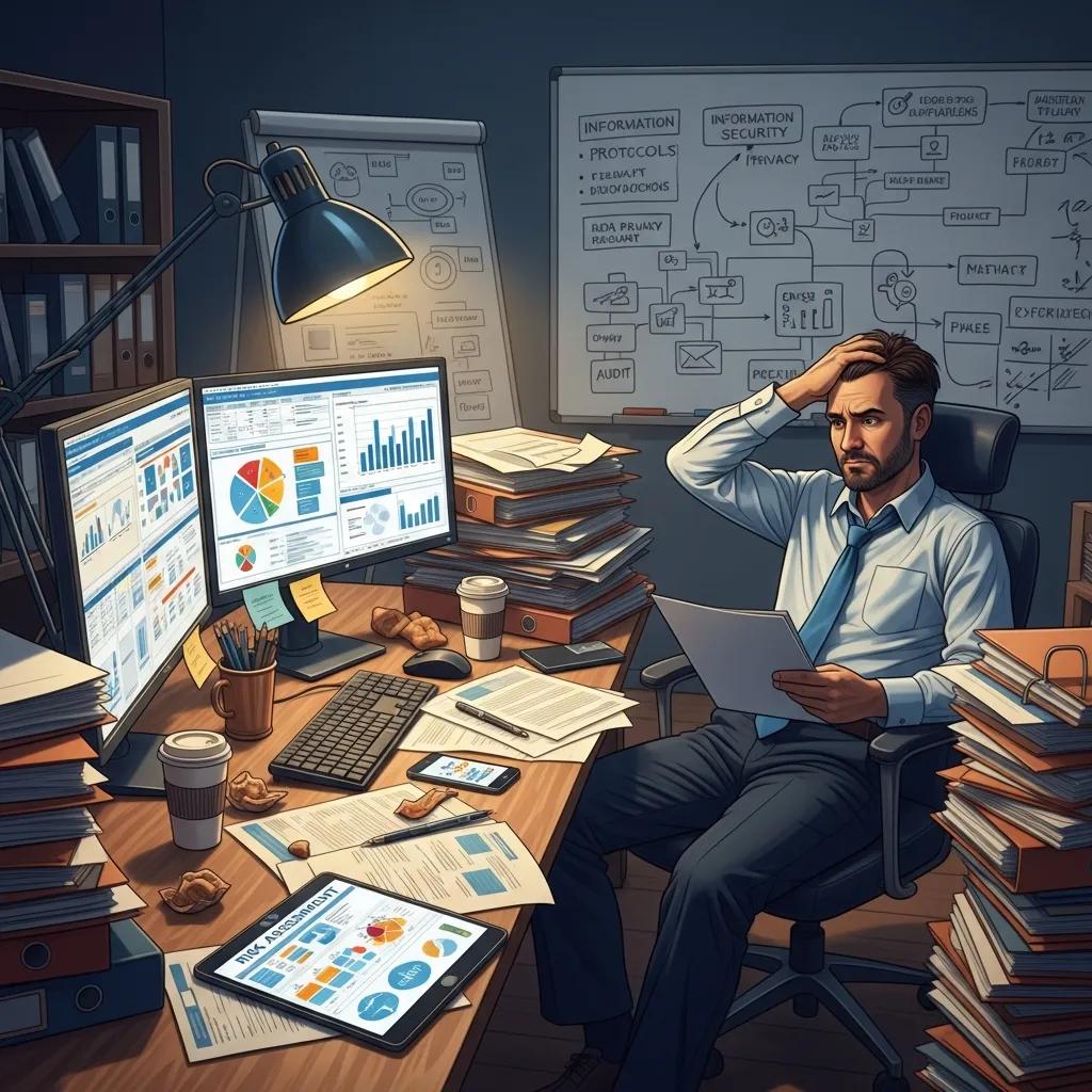 Business leader frustrated while reviewing compliance documents and risk assessments