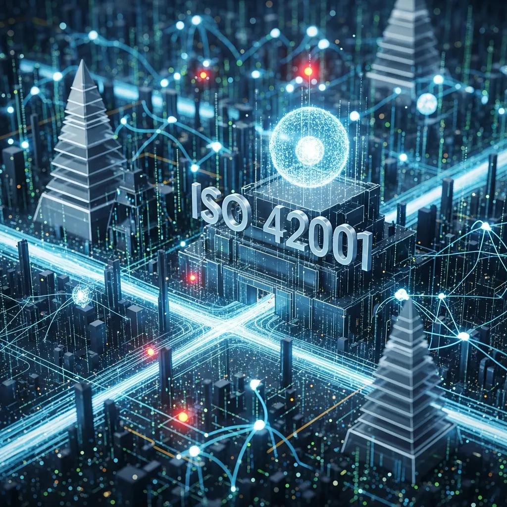 Futuristic AI governance representation highlighting ISO 42001, risk management and innovation.