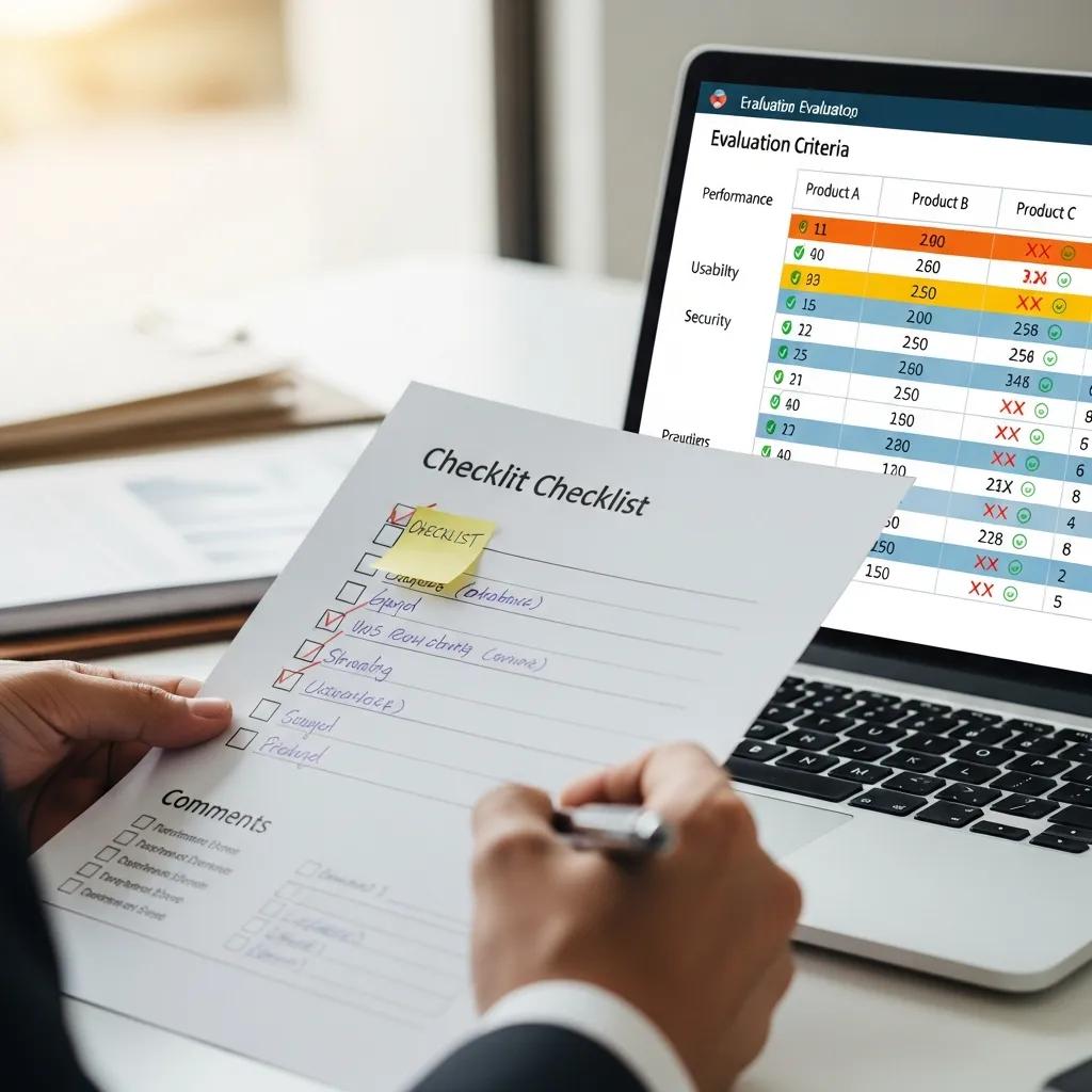 Hands reviewing an evaluation checklist and scoring matrix