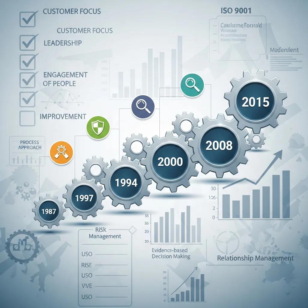 Illustration of ISO 9001 evolution timeline showing process improvement, risk management and key revisions from 1987 to 2015.