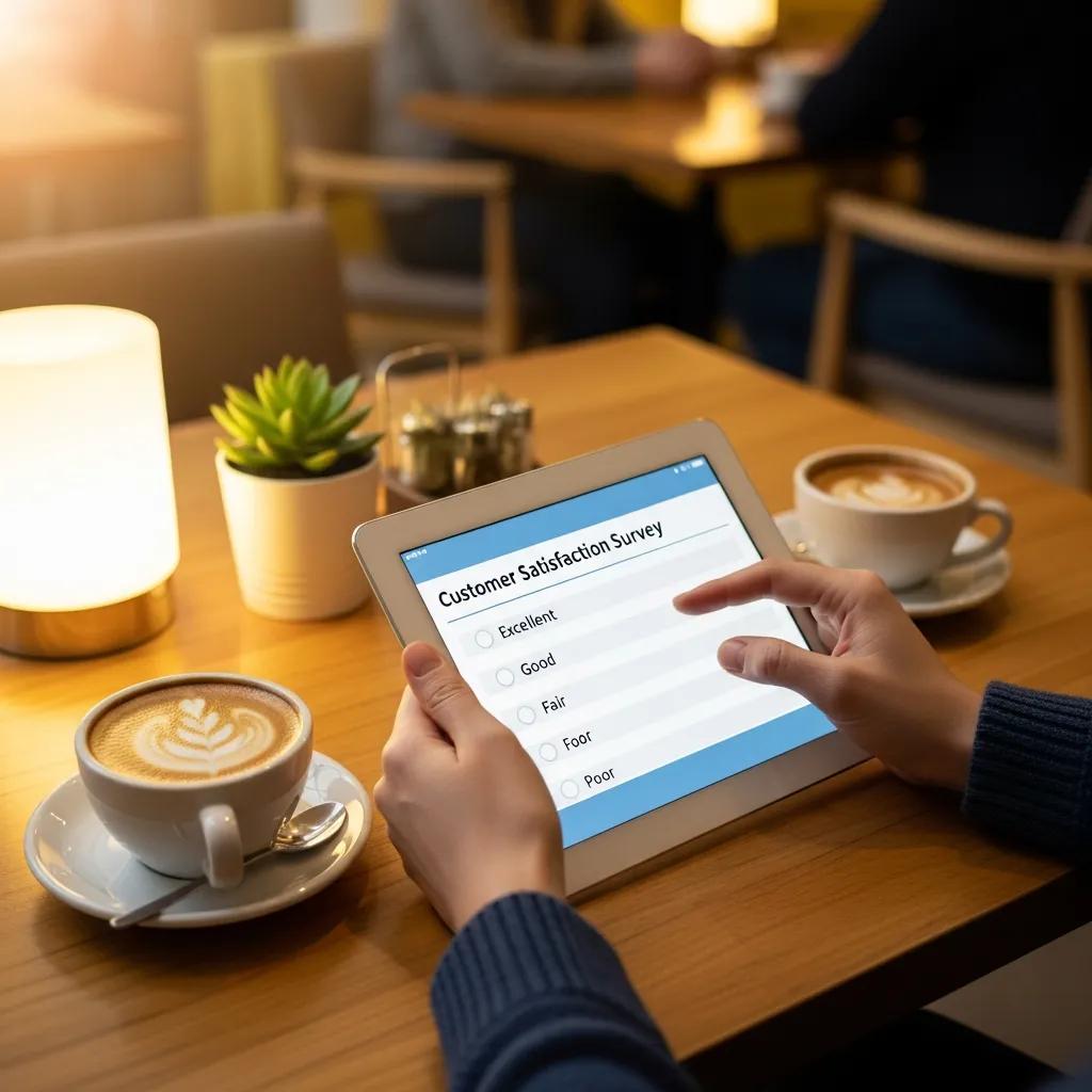 Person completing a customer satisfaction survey on a tablet