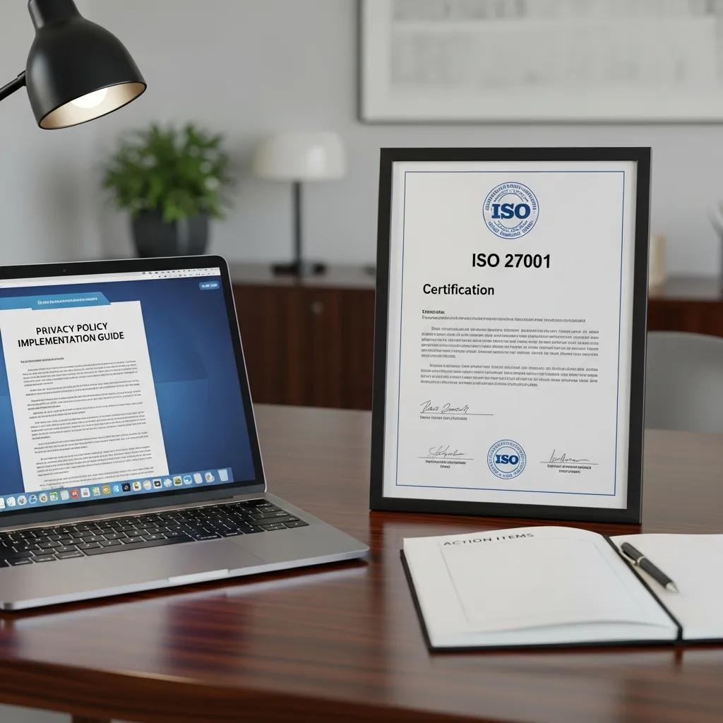 ISO 27001 certificate document on a desk to illustrate privacy policy implementation
