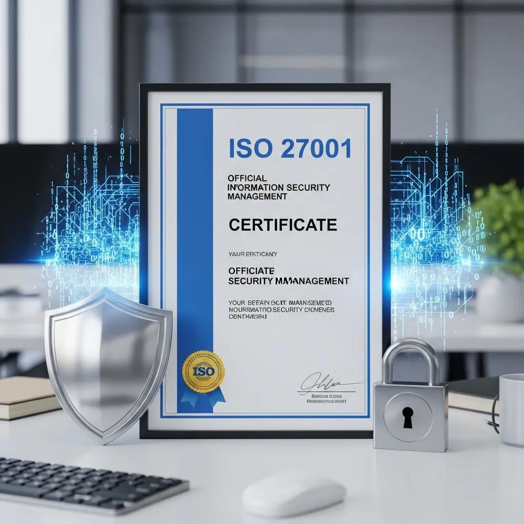 ISO 27001 certificate and security icons representing data protection standards