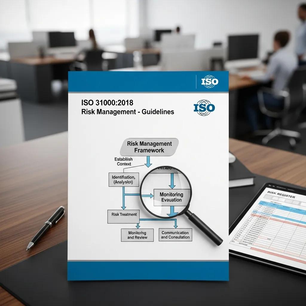 Cover of ISO 31000 and a simple framework diagram