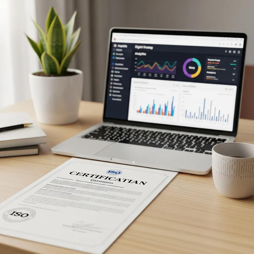 ISO certificate beside a digital strategy dashboard on a desk